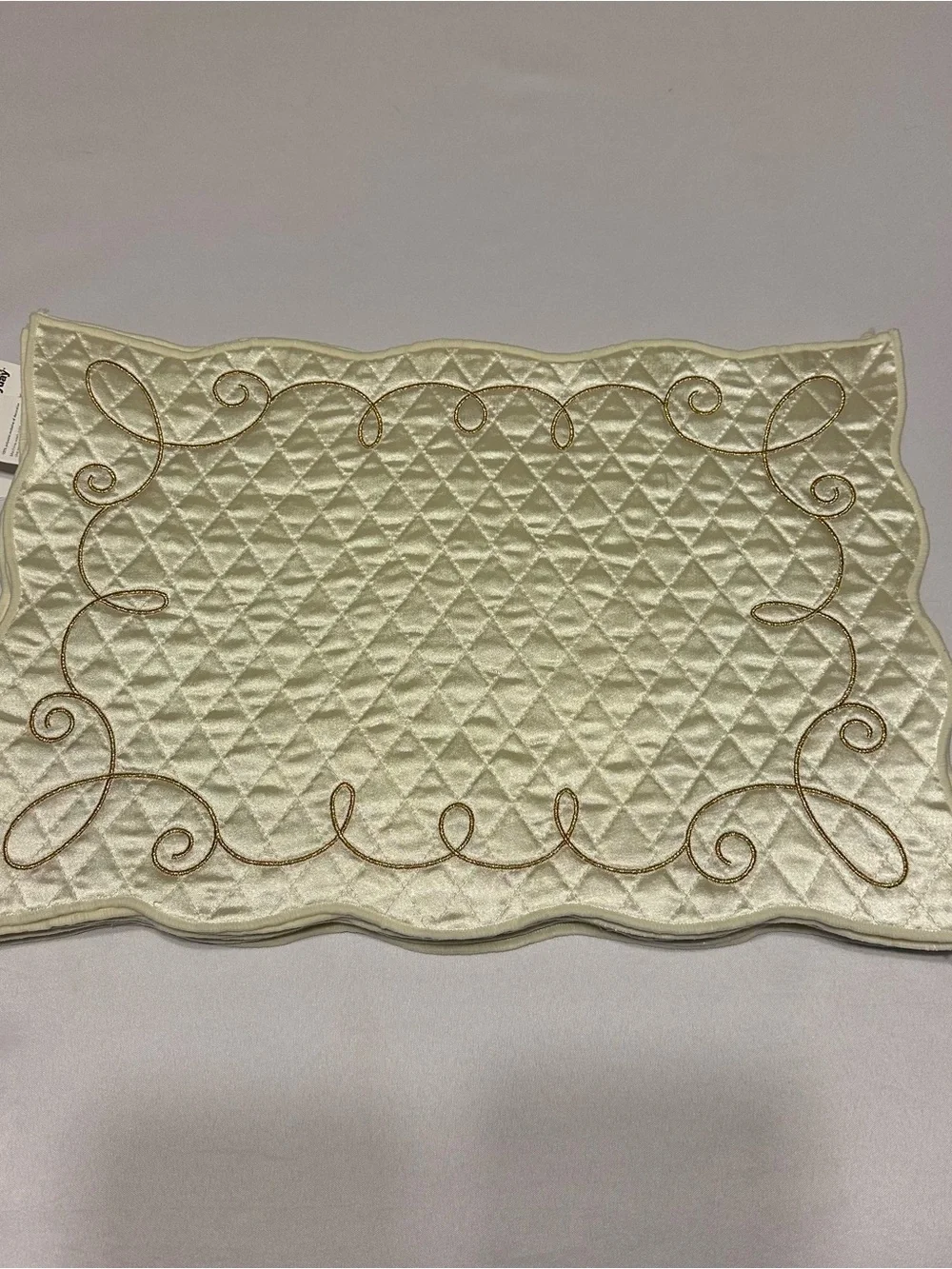 Martha Stewart Cream Quilted Placemat Set with Gold Scroll Embroidery set of 10